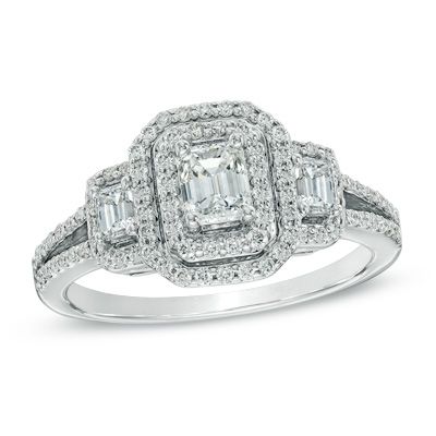  1 CT. T.W. Emerald-Cut Diamond Double Frame Past Present Future Ring in 14K White Gold